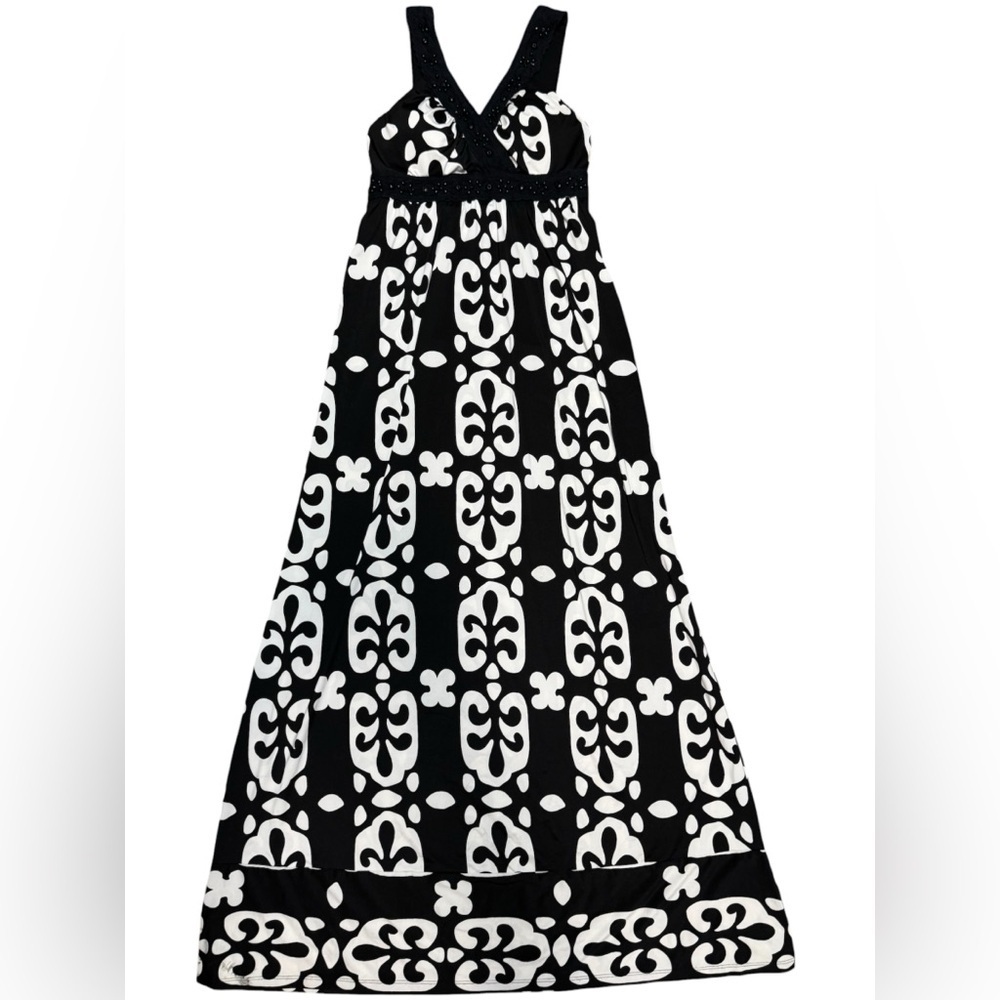 INC Beaded Crochet Geometric Print Maxi Dress Empire Waist black white XS Flawed